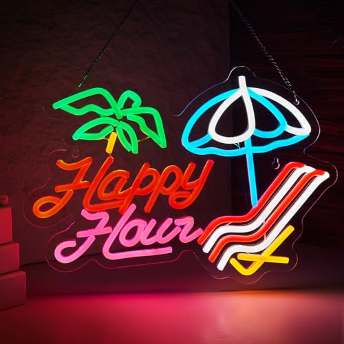Image of Happy Hour Neon Sign Palm Tree Neon Light for Wall Decor Hawaii Theme Art Decor Smart plug timer compatible USB-Powered Cafe Tiki Bar Party Bedroom Man Cave(16.5x11.6 Inch)