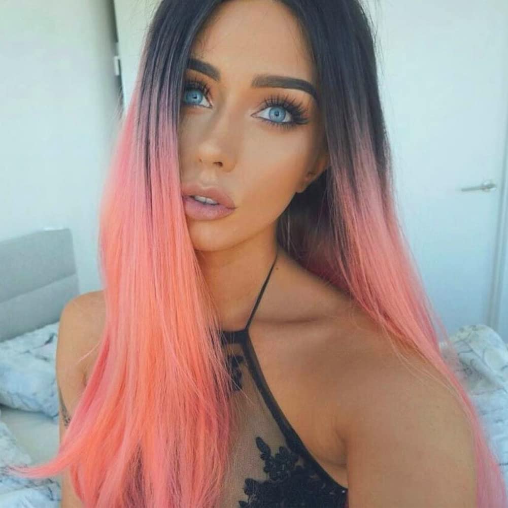 Parrucca frontale in pizzo arancione, lunga e liscia, arancione con radice nera, parrucca sintetica resistente al calore, parrucca per cosplay da donna, 61 cm
