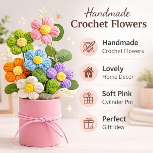 Image of Artificial Crochet Flower Bouquet /Artificial Flowers Bunch /Crochet Flowers Bouquet /Crochet Flowers /Flowers Bouquet Gift for Girls Home Decor (Multicolor Flower)