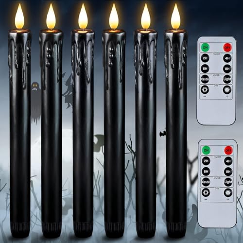 Homemory Black Flameless Taper Candles with Remote and Timer Real Wax LED Taper Candles Battery Operated Flickering Candle Sticks for Party Halloween Indoor Decoration 6 Pcs 9.6 inches