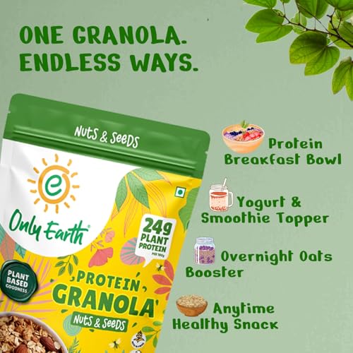 Image of Only Earth Protein Granola | Nuts & Seeds | 24g Plant Protein | High Fiber | No Added Sugar | Dairy-Free | With Almonds, Cashews, Pumpkin Seeds, Flax & Chia | 350g