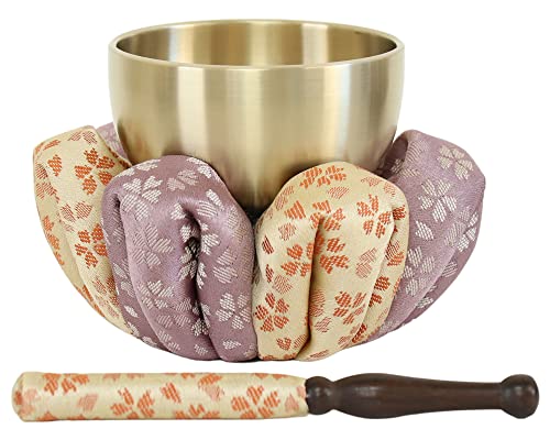 花布団・国産おりんセット おリン+リン棒+布団 2.3寸(直径7cm) ベージュ×うす紫