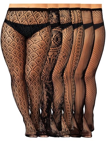 Image of Jadive 6 Pairs Women Plus Size Suspender Tights Fishnet Thigh High Stockings Garter Belt Lingerie Pantyhose