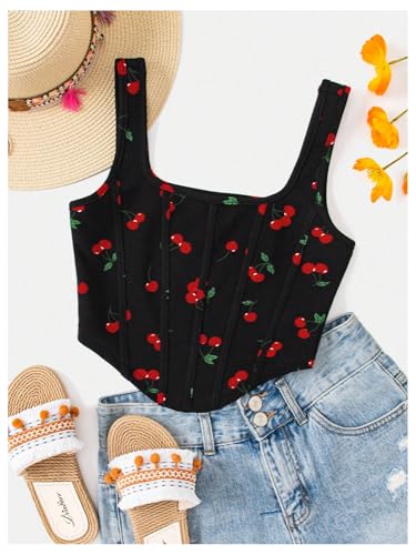 SweatyRocks Girl's Cherry Graphic Summer Tank Tops Square Neck Sleeveless Crop Top3