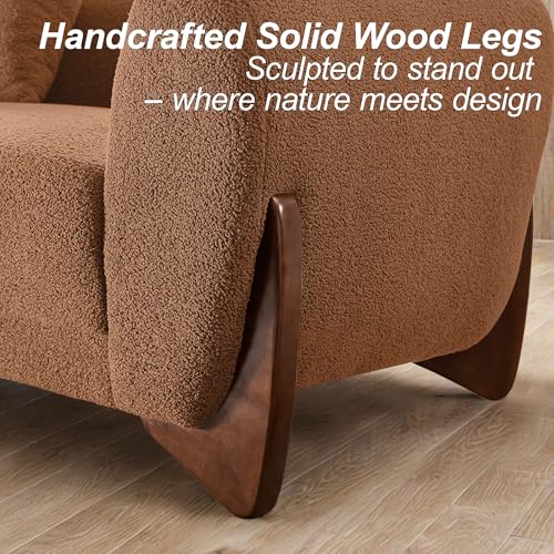 Image of 87 inch Sherpa Boucle Cloud Couch with Ottoman, Modern 3 Seater Sofa with Solid Wood Legs 25 inch Extra Deep Seat Comfy Thick Cushion Upholstered Sofa Couches with 3 Pillows for Living Room, Caramel
