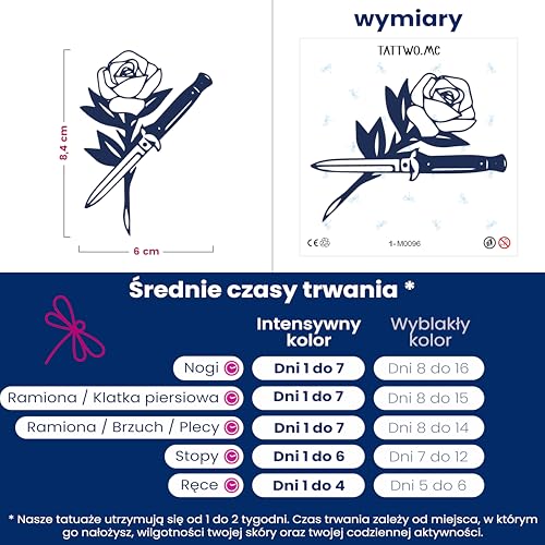 Tattwo.me - 2 weken waterbestendige tijdelijke plantentatoeages - roos en mes - EU-conformiteit - Plantaardige inkt - Maat : 9 X 9 cm(M0096)