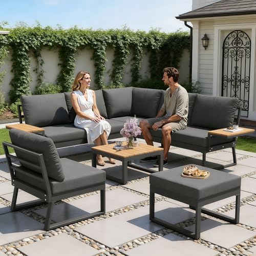 Lekvvied - Set de sofás de jardín exterior para 6-7 personas, juego de sofás de patio con rinconera en forma de L (mesa, sillón y taburete), con reposabrazos de madera, cama de hierro, resistente a la