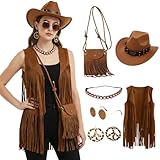 60 er 70er mode 6 PCS Kostüm Set für sofortige Verwandlung：Eine Fransenweste, ein Cowboyhut, eine Sonnenbrille mit Metallrahmen, ein Paar Federohrringe, eine Edelsteinkette eine Fransen-Umhängetasche – oder -Auftritte ohne zusätzliches Zubehör.