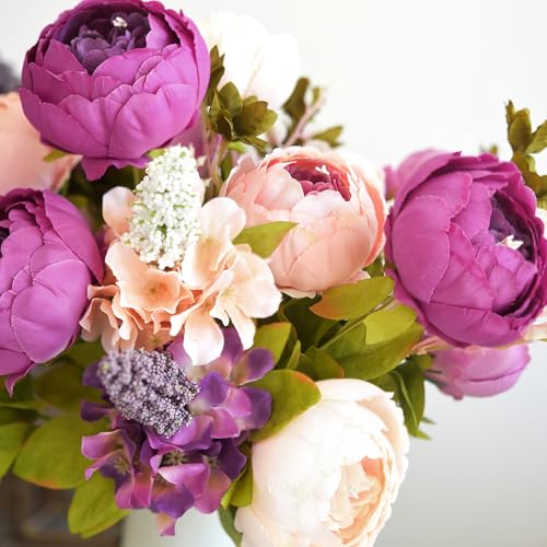 Image of FiveSeasonStuff Vintage Artificial Peonies Silk Peony Flowers and Hydrangeas for Wedding Bridal Home Decor - Beautiful Floral Centerpiece Arrangement 2 Bouquets (Mixed Pale Pink and Thistle Purple)
