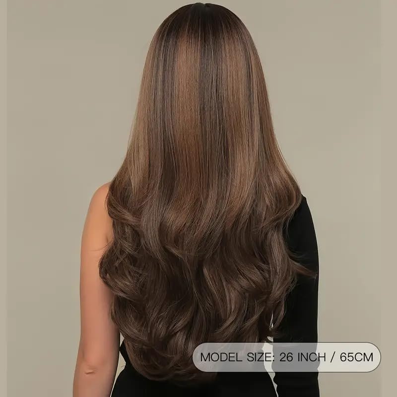 Image of Women's 26 Inch Straight Brown Synthetic Hair Wig | Full Head Natural Looking Heat Resistant Wig | Washable Cosplay, Party & Fashion | Includes Wig Cap & Comb