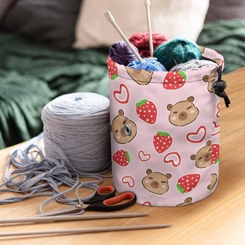 Image of Sellikakes Capybara Strawberry Yarn Bag Crochet Knitting Bag, Knitting Yarn Holder Crochet Storage Bag Store Crocheting Project Sewing Supplies Skein Ball Knitting Short Needles