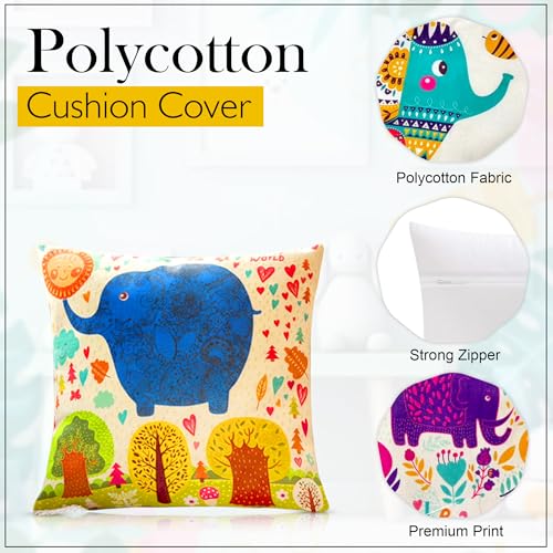 Image of GLUN Set of 5 Polycotton Cushion Covers, Multicolour Bohemian Elephant Print, 16 x 16 Inch Size Covers, Playful Cushion Covers for Sofa & Living Room Decor