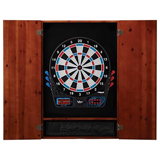 Viper Metropolitan Solid Wood Cabinet & Electronic Dartboard Ready-to-Play Bundle: Standard Set (777 Dartboard), Cinnamon Finish