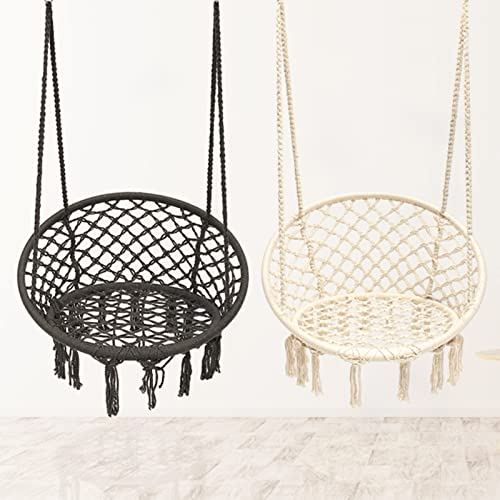 Image of Garpans Hammock Chair Swing Set of 2 Bohemian Style Macrame Hammock with Tassels Hanging Swing Chair Handmade Knitted Cotton Rope for Indoor Outdoor Bedroom Patio Max 330 Lbs Beige&Black
