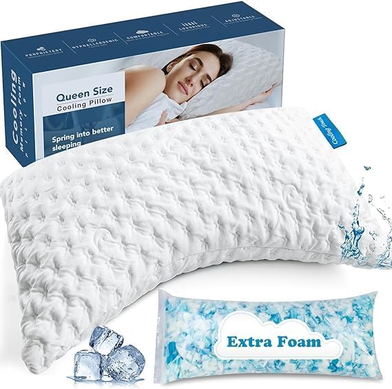 FirebrightingCooling Pillows for Side Sleepers, Luxury Adjustable Shredded Memory Foam Bed Pillow for Sleeping - Bamboo Pillow for Neck and Shoulder Pain Queen Size, Soft Neck Pillow