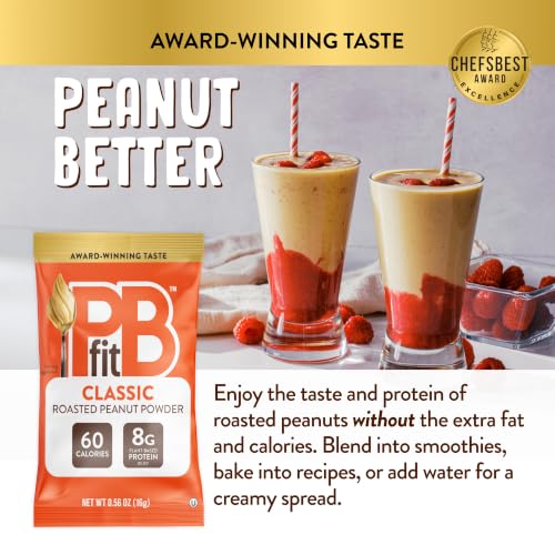Image of PBfit Classic Peanut Butter Powder Packets, Powdered Peanut Spread From Real Roasted Pressed Peanuts, 8g of protein 8% DV per packet, 0.56 oz (Pack of 30)