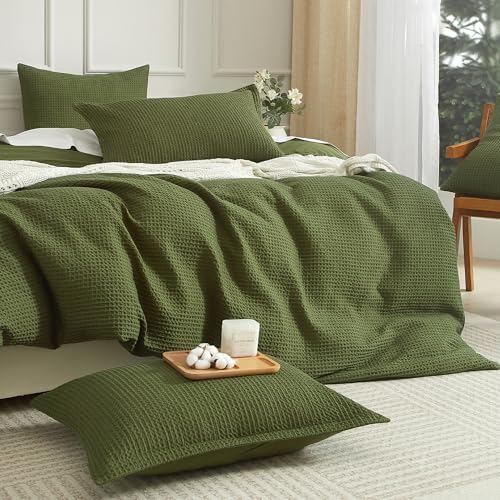 SE SOFTEXLY Waffle Duvet Cover King, 100% Cotton Waffle Weave Bedding Duvet Cover Set, Soft and Breathable Comforter Cover for All Season, 3 Pieces Including Pillow Shams(Green, 104”x90”)