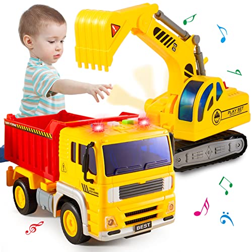 HERSITY Sandkasten Bagger Kipper Spielzeug, Baufahrzeuge Kinder mit Sound und Licht, Fahrzeuge LKW Sandspielzeug, Auto Kinderspielzeug Geschenk für Jungen Mädchen 3 4 5 Jahren Cover
