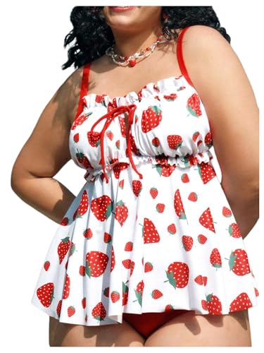 Verdusa Women's Plus Size 2 Piece Fruit Print Tankini Set Bow Tie Peplum Tops with Bottom