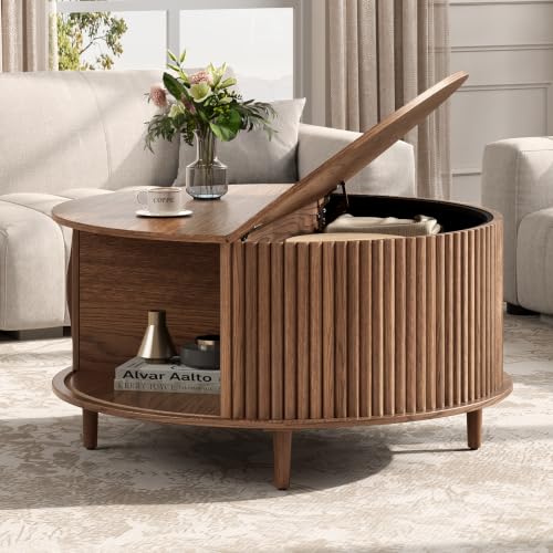 JOINICE 31.5 Round Coffee Table with Storage for Living Room Walnut