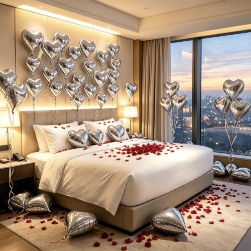 Image of 50 Pcs Silver Heart Balloons,5 Inch and 10 Inch Heart Foil Balloons Love Balloon Valentine Balloon for Birthday Party Wedding Engagement Party Baby Shower Valentine Day Decorations