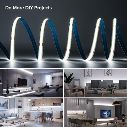 Image of COB LED Strip Light 32.8FT Flexible High Density Uniform Cob Strips 24V Cool White 6000K 320LEDs /m CRI 90+ Dimmable 8mm LED Tape Lights for Under Cabinet, No Power /Controller
