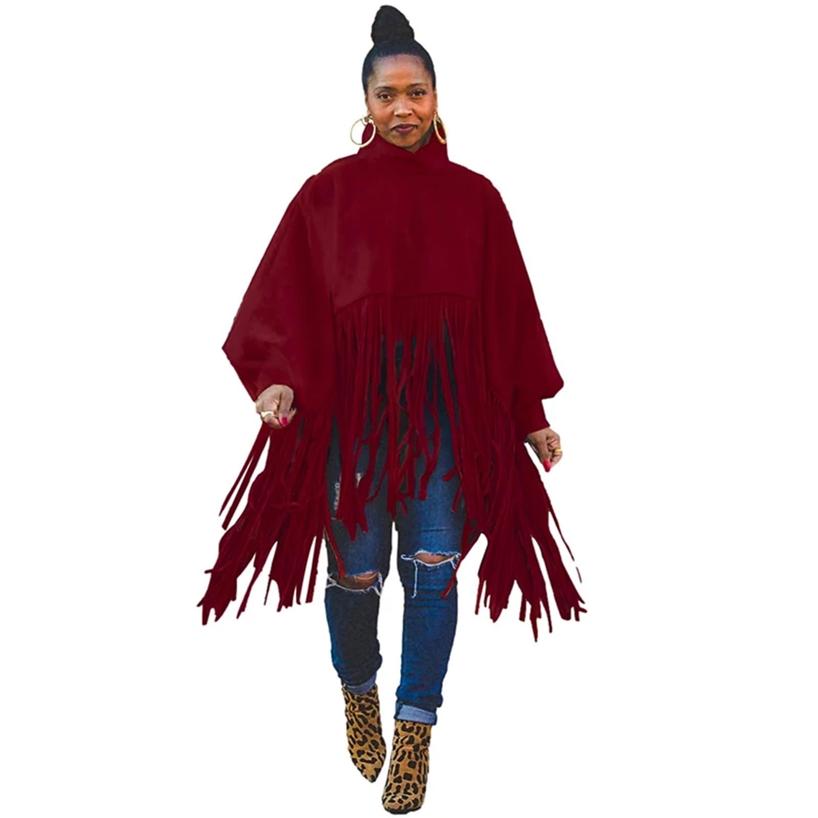 Top con Frange Top alla Moda Taglie Forti da Donna, Abbigliamento da Strada, Abiti Autunnali Solidi, Top e Camicette Eleganti da Donna con Nappe per Le Donne(Red,XXL)