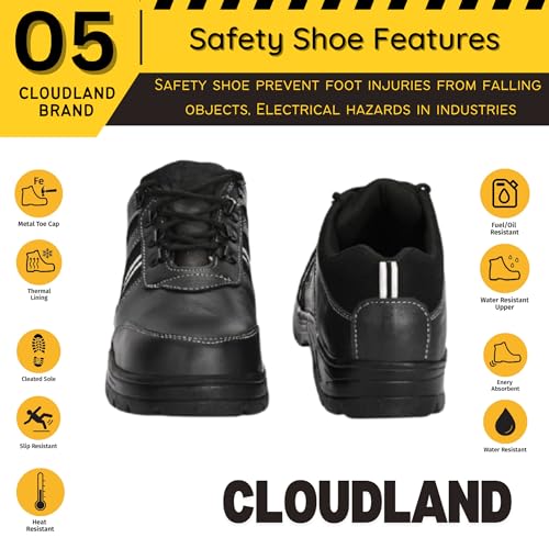 Image of Cloudland Black Leather Safety Shoes for Man | Light Weight Steel Toe, Anti-Slip, Waterproof, Industrial Use for Men | Comfortable for Construction Work's