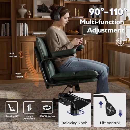 Image of Ollega Mid Century Modern Desk Chair, Vintage Leather Office Chair, Green | Petite Computer Chair for Small to Medium Women, Thickened Back, Cozy Seat, Adjustable Height for Home
