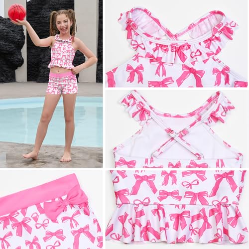 Image of CHILDRENSTAR Little Girls Tankini Swimsuit 2 Pieces Bathing Suit for Kids | Quick-Dry Cross-Back Adjustable Ruffles with Bow Decor Swimming Tankini and Short For Beach and Pool