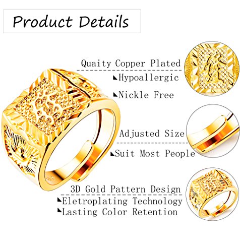 LOLIAS 4 Pcs Men's 18K Gold Plated Kanji Ring Set - Rich/Luck/Wealth - Adjustable Signet Ring3