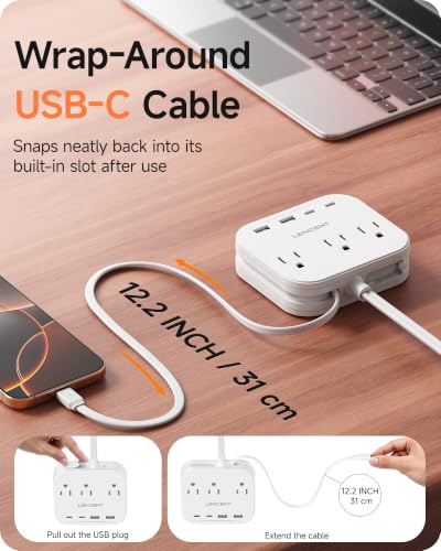 LENCENT Extensión Eléctrica 3 Tomas, Adaptador de Enchufe Plano con Cable USB-C miniatura 4