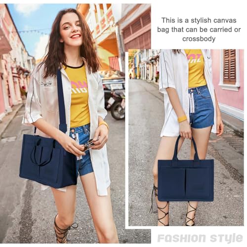Image of Canvas Tote Bag for Women with Pockets Crossbody Bag Tote Shoulder Handbags Casual Work Bags Everything Tote Bag