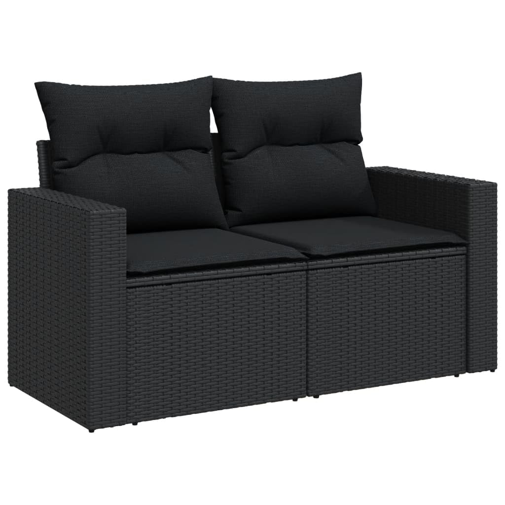 11-TLG. Garten-Sofagarnitur Schwarz Poly Rattan Ecksofa Mittelsofa Tisch Hocker Regal mit Glasplatte und abnehmbaren Kissen modular wetterfest für Balkon Terrasse und kleine Gärten
