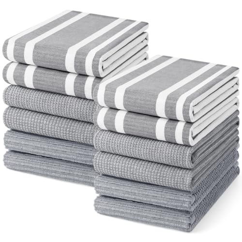 Image of Homaxy Premium Kitchen Towels(18 inchx 28 inch, 12 Pack), Large Cotton 380 GSM Kitchen Hand Towels, Soft and Absorbent Terry Dish Towels, Multipurpose Tea Towel Set with Hanging Loop, Grey