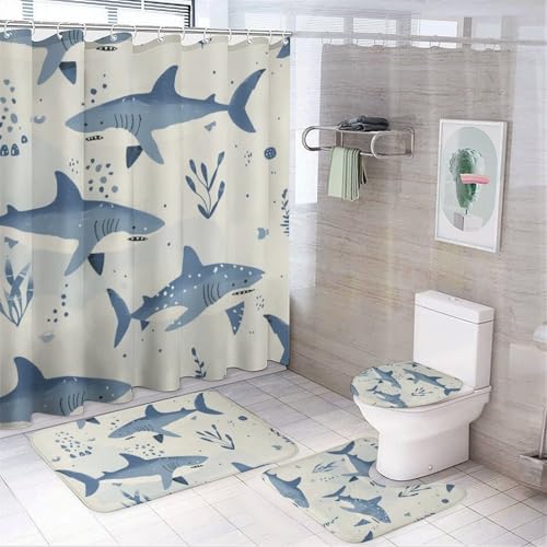 SOPIYRIO Cartoon Shark Pictures Shower Curtain Sets with Toilet Lid Cover and Rugs Watercolor Retro Sea Animals Bathroom Decor Set with Rug U Shape Mat Waterproof Shower Curtain with 12 Hook 4Pcs