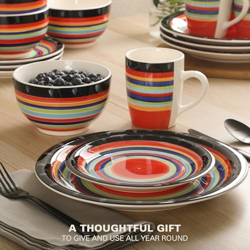 Image of Gibson Home Festival Rings 16-Piece Stoneware Dinnerware Set - Colorful Hand-Painted Plates, Bowls & Mugs, Service for 4, Dishwasher & Microwave Safe Vibrant Tableware
