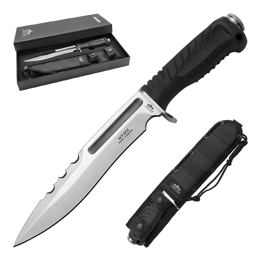 HOKC Asgard | 607-181821 | Hunting Knife, Tactical Knife by Official Dealer - Designed by Russian Master Aleksander Biryukov - Advanced Guard, TPR Handle, Full Tang Construction, Tactical Serrated Spine, Long and Durable AUS8 Stainless Steel, Satin Finished - Ideal for Camping & Hunting