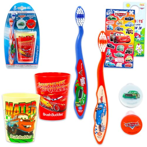 Disney Cars Toothbrush and Cup Travel Kit for Kids - Bundle with 2 Toothbrushes 2 Rinsing Cups 2 Covers Stickers and More for Boys Toddlers | Lightning McQueen Toothbrush Set