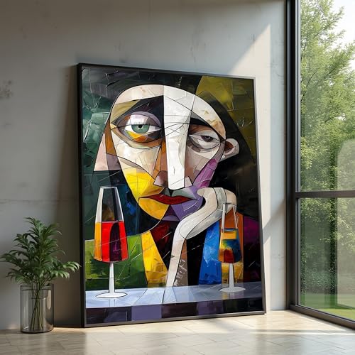 Peinture contemporaine visage géométrique et nature morte cubiste grand format 80x110