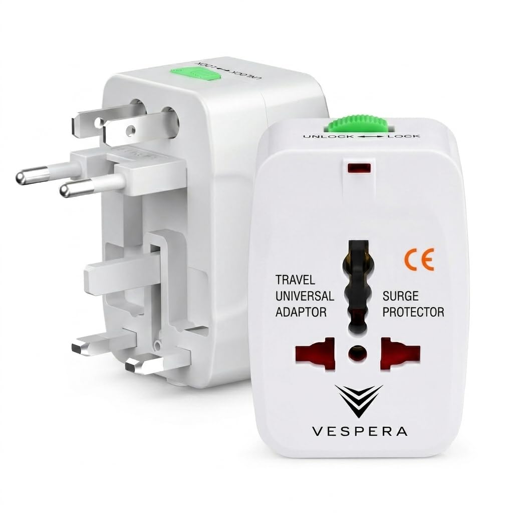 vespera® universal travel adapter all-in-one international plug adapter with 6a ac socket, compatible with 180+ countries, us uk eu aus, ideal for worldwide travel