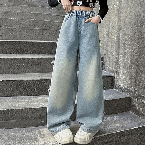 Kids Girls' Elastic Waist Wide Leg Baggy Denim Pants Straight Washed Loose Jeans Stylish Y2K Teens Casual Trousers2