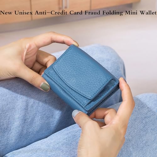 Genuine Leather Card Holder Organizer Pocket Mini Wallet,New Unisex Anti-Credit Card Fraud Folding Mini Wallet,Genuine Leather Coin Purse Pouch,Compact Trifold Purse For Women (Blue)2