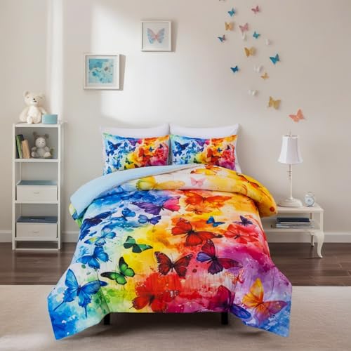 Btargot 3 Piece Butterfly Pattern Girls Comforter Set with 2 Pillow Covers, Colorful Gradient Printed Bedding Set for Women, Red Blue Queen