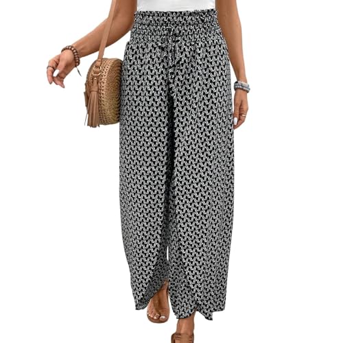 Lu's Chic Women's Palazzo Pants Wide Leg Trousers Side Split Travel Lounge Lightweight Stretch Fashion Casual Pants