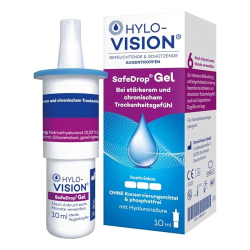 Hylo-Vision SafeDrop Gel Augentropfen Linderung bei stark und chronisch trockenen Augen intensive Befeuchtung hochviskos konservierungsmittelfrei geeignet bei Kontaktlinsen 10 ml