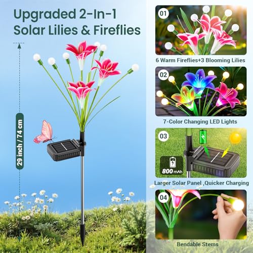 BONLION Solar Garden Lights Outdoor: 4 Pack 2-in-1 Color Changing Solar Lily Flower Lights with Firefly Swaying Light, Waterproof Garden Decor for Yard Patio Flowerbed Lawn, Gardening Gifts for Women by BONLION - Used condition - Image 5