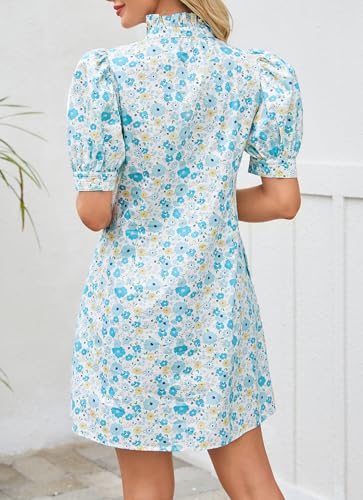 Image of Ladyful Women's Summer Floral Shift Short Sleeve Button Front Mini Dress | puff sleeve, ruffle stand neck, boho style, beach vocation, 100% cotton, loose fit, shirt sundress