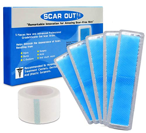 ScarOut! Silicone Scar Sheets for Scar Removal (2 Month Supply) – C Section Recovery Scar Treatment, Keloid Scar Removal and more! – 5x Silicon Sheets For Scars in two sizes – Scar Gel Silicone Tape