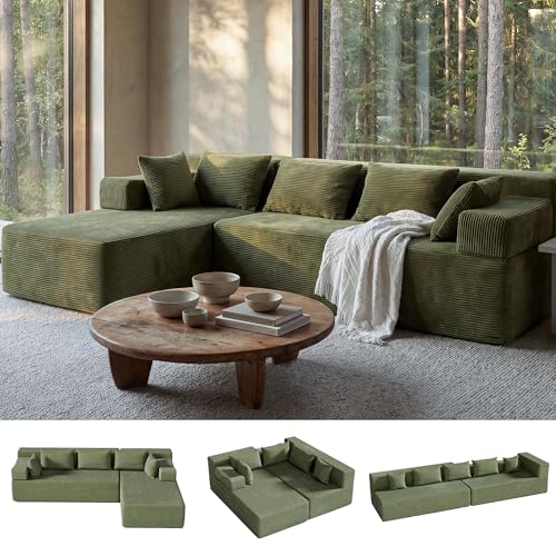 Image of MONVANE 106 inch Cloud Sectional Couch with L-Shaped Chaise, Modular Sectional Sofa with Deep Seat and Removable Armrests, Comfy Corduroy Boneless Couches for Living Room, No Assembly Required, Green
